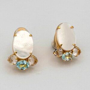 Bounkit Clip-On Earrings Oval Mother Of Pearl Topaz Clear Quartz Gold Plated